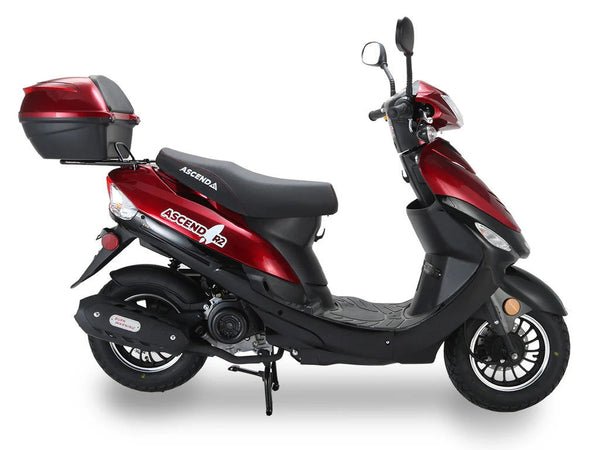 Ascend R-2 50cc Street Scooter, Automatic, Front Disc Brake, LED Headlight, Trunk Included, 50 State Legal – Metallic Red