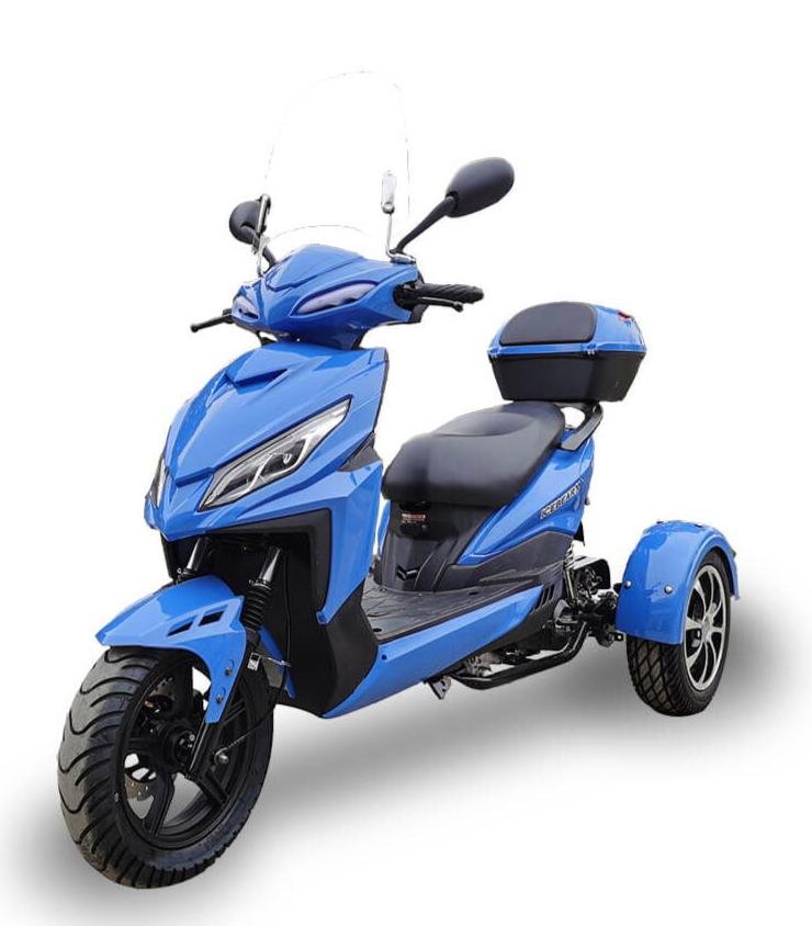 Mojo 50cc Street Trike, Automatic, Disc Brakes, Aluminum Wheels, Trunk and Windshield Included – Metallic Blue - Image 4
