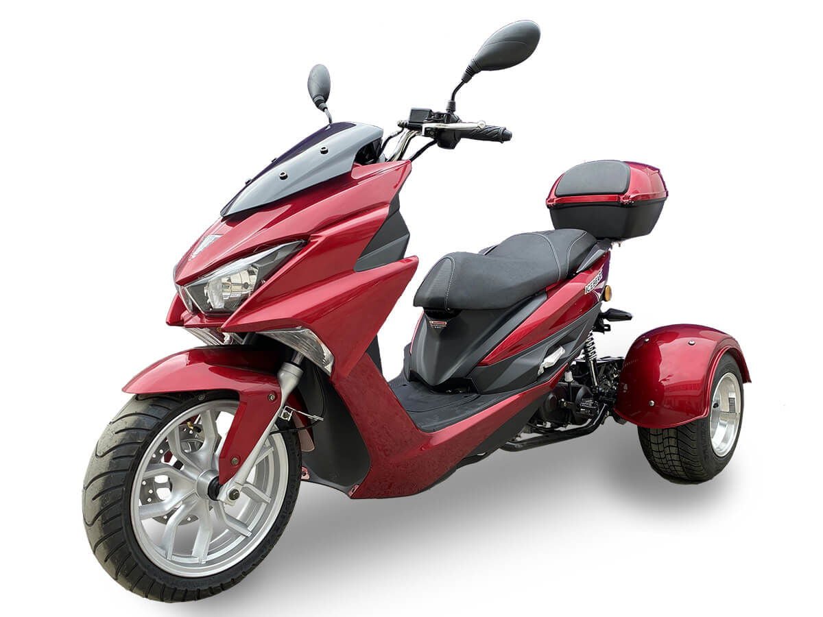 Trifecta 50cc Street Trike, Automatic, Disc Brakes, Aluminum Wheels, Trunk and Windshield Included – Metallic Blue - Image 3