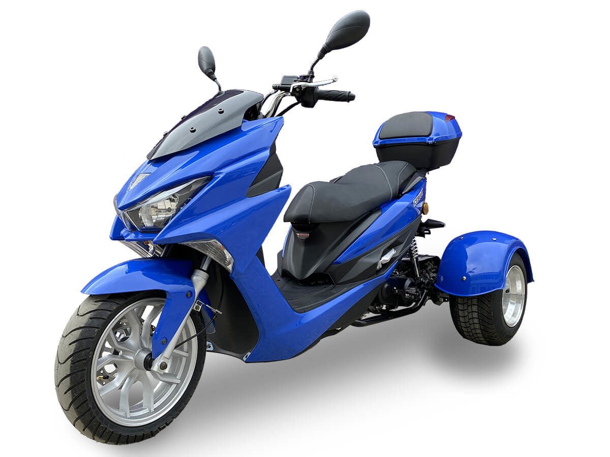 Trifecta 50cc Street Trike, Automatic, Disc Brakes, Aluminum Wheels, Trunk and Windshield Included – Metallic Blue - Image 4